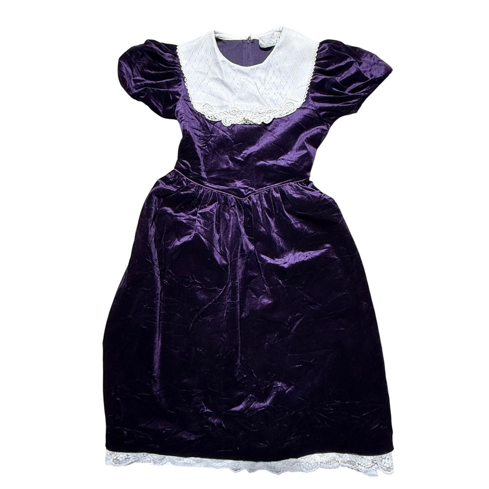 90s Rare Editions Dress Purple Crushed Velvet Whimsical Lace Collar 10